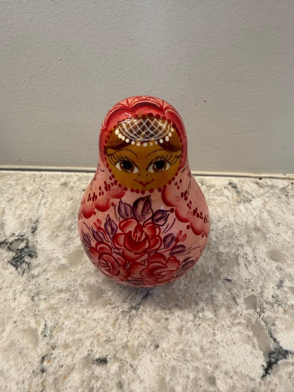 Vintage Russian  Hand-Painted Wooden Balancing Rattle Doll Babushka Style Pink